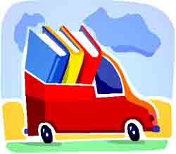 Cartoon truck with load of books for home delivery.